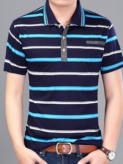 Blue and White Plus Size Polo Placket Front Knitted Stripe Men Shirt for Casual Office