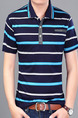 Blue and White Plus Size Polo Placket Front Knitted Stripe Men Shirt for Casual Office