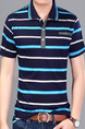 Blue and White Plus Size Polo Placket Front Knitted Stripe Men Shirt for Casual Office
