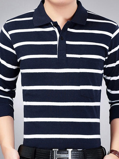 Blue and White Plus Size Polo Placket Front Knitted Stripe Men Shirt for Casual Office