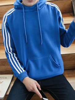 Blue and White Plus Size Knitted Contrast Three Bars Hooded Drawstring Men Jacket for Casual Sports
