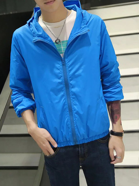 Blue Plus Size Hooded Transparent Sun Protection Men Jacket for Casual