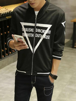 Black Plus Size Contrast Stand Collar Letter Pattern Zipped Located Printing Men Jacket for Casual