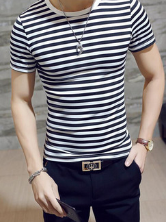 Black and White Knitted Plus Size Slim Contrast Stripe Round Neck Men Shirt for Casual Party