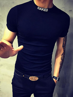 Black Plus Size Knitted Slim Letter Round Neck Men Shirt for Casual Party