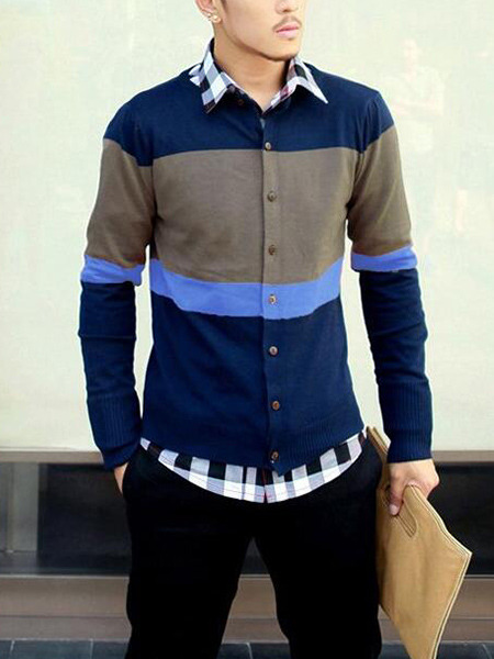 Blue and Grey Knitted Plus Size Stripe Contrast Linking Round Neck Buttons Men Cardigan for Casual