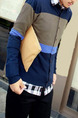 Blue and Grey Knitted Plus Size Stripe Contrast Linking Round Neck Buttons Men Cardigan for Casual