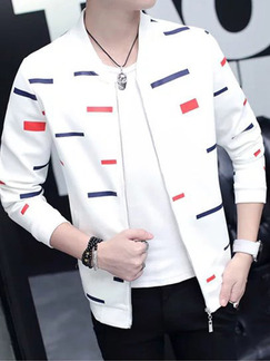 White  Plus Size Slim Contrast Stand Collar Printed Zipped Men Jacket for Casual