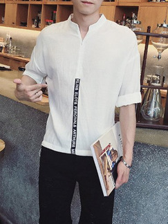 White Shirt Literary Tape Linking Stand Collar Zipped Plus Size Men Shirt for Casual