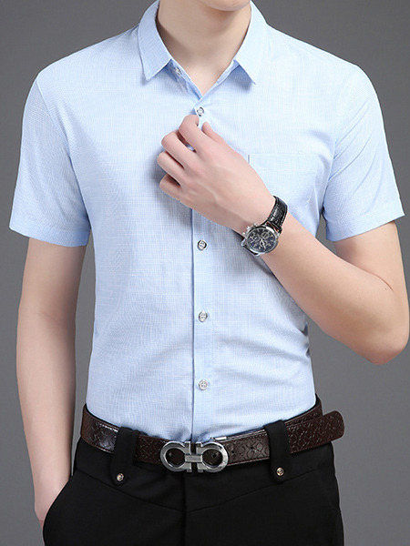 Blue Shirt Grid Plus Size Cardigan Slim Bottom Up Men Shirt for Casual Office