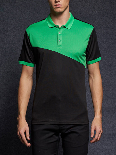 Black and Green Plus Size Polo Placket Front Knitted Mesh Contrast Linking Men Shirt for Casual