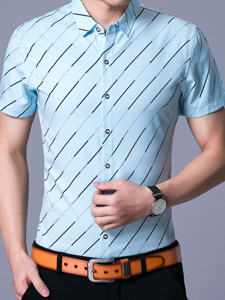 Sky Blue Plus Size Shirt Cardigan Stripe Slim Bottom Up Men Shirt for Casual Office