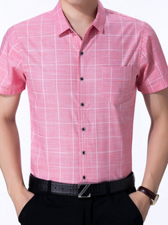 Pink Plus Size Shirt Cardigan Grid Bottom Up Men Shirt for Casual Office