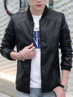 Black Plus Size Leather Jacket Linking Stand Collar Ribbed Men Jacket for Casual
