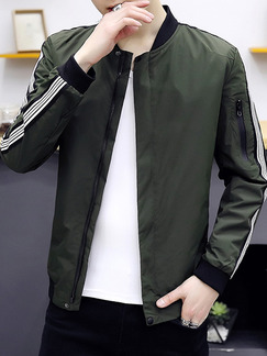 Green Plus Size Jacket Contrast Stripe Linking Ribbed Baseball Collar Men Jacket for Casual