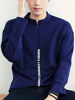 Blue Plus Size Knitted Stand Collar Zipper Letter Ribbon  Men Sweater for Casual