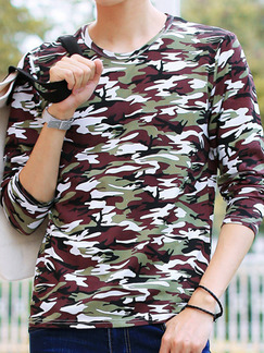 Black Green and Brown Plus Size Knitted Slim Round Neck Camouflage Men Shirt for Casual