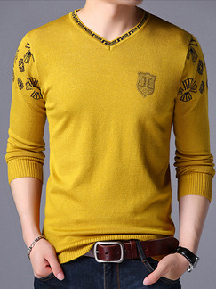 Yellow Plus Size Knitted Rhinestone Slim V Neck Contrast Linking Men Sweater for Casual