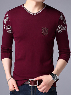 Red Plus Size Knitted Rhinestone Slim V Neck Contrast Linking Men Sweater for Casual
