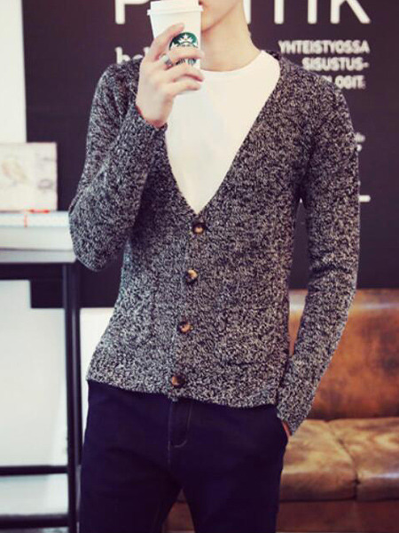 Grey Plus Size Knitted V Neck Cardigan Buttons Pockets Thread Men Cardigan for Casual
