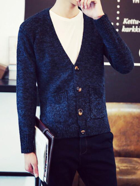 Blue Plus Size Knitted V Neck Cardigan Buttons Pockets Thread Men Cardigan for Casual