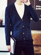 Blue Plus Size Knitted V Neck Cardigan Buttons Pockets Thread Men Cardigan for Casual
