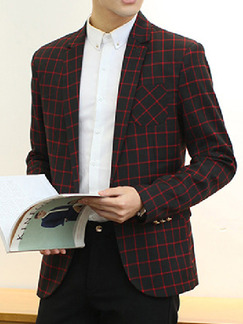 Black and Red Leisure Plus Size Grid Tailored Collar Plaid One Button Men Coat for Formal