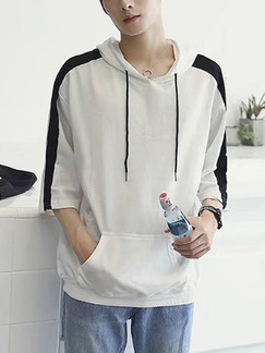White and Black Plus Size Loose Knitted Contrast Stripe Hooded Drawstring Men Jacket for Casual