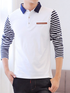 White and Blue Knitted Polo Slim Contrast Linking Neck Stripe  Men Shirt for Casual