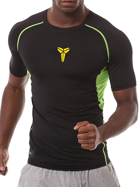 Black and Green Plus Size Contrast Sports Tight Quick Dry  Men Shirt for Casual Sports Fitness