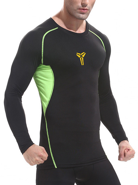 Black and Green Plus Size Contrast Sports Tight Quick Dry Men Shirt for Sports Fitness