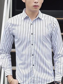 White and Black Plus Size Slim Vertical Stripe Lapel Buttons Long Sleeve Men Shirt for Casual Office