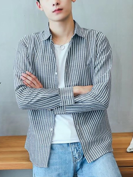 Grey and White Plus Size Slim Lapel Vertical Stripe Buttons Long Sleeve Men Shirt for Casual Office