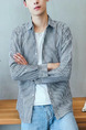 Grey and White Plus Size Slim Lapel Vertical Stripe Buttons Long Sleeve Men Shirt for Casual Office