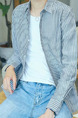 Grey and White Plus Size Slim Lapel Vertical Stripe Buttons Long Sleeve Men Shirt for Casual Office