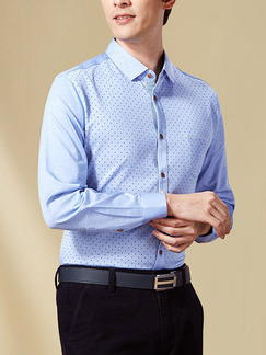 Blue Plus Size Slim Wave Point Buttons Lapel Pocket Long Sleeve Men Shirt for Casual Office