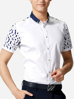 White and Blue Plus Size Slim Contrast Linking Lapel Buttons Men Shirt for Casual Office