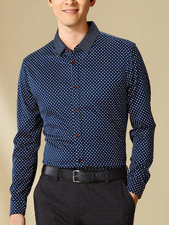 Blue Plus Size Slim Contrast Wave Point Lapel Buttons Long Sleeve Men Shirt for Casual Office Evening