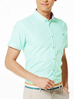 Green Plus Size Slim Linking Cuff Lapel Buttons Arc Hem Men Shirt for Casual Office