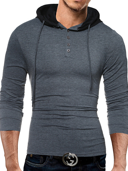 Grey and Black Plus Size Slim Hooded Drawstring Buttons Neck Long Sleeve Men Hoodie for Casual