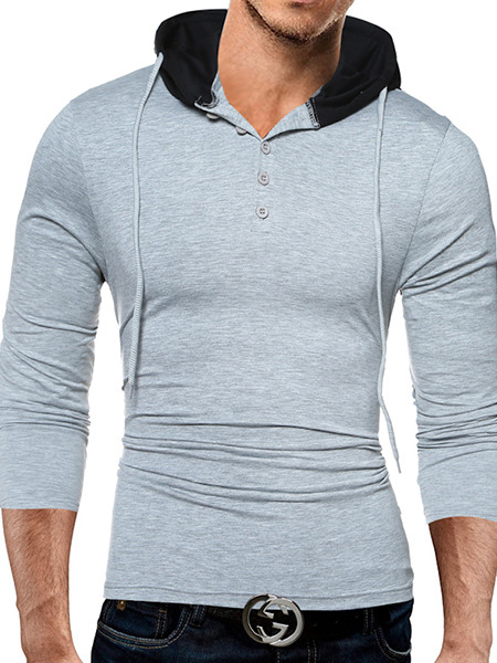 Grey and Black Plus Size Slim Hooded Drawstring Buttons Neck Long Sleeve Men Hoodie for Casual