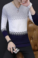 Blue White and Grey Plus Size Slim Knitting Contrast V Neck  Men Sweater for Casual