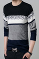 Blue Grey and White Plus Size Slim Knitting Contrast Round Neck  Men Sweater for Casual