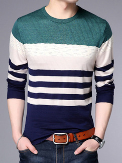 Blue White and Green Plus Size Slim Knitting Contrast Round Neck Long Sleeve Men Sweater for Casual