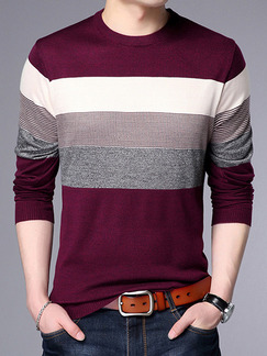 Red Grey and White Plus Size Slim Knitting Contrast Round Neck Long Sleeve Men Sweater for Casual