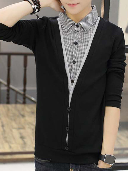 Black Plus Size Slim Seem-Two Grid Lapel Buttons Long Sleeve Men Shirt for Casual