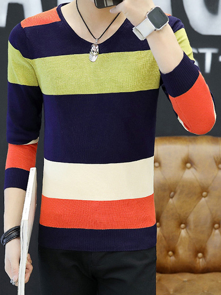 Colorful Plus Size Slim Knitting Contrast Stripe V Neck Long Sleeve Men Sweater for Casual