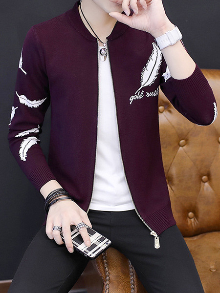 Red Plus Size Slim Knitting Stand Collar Located Printing Zipper Front Long Sleeve Men Cardigan for Casual
