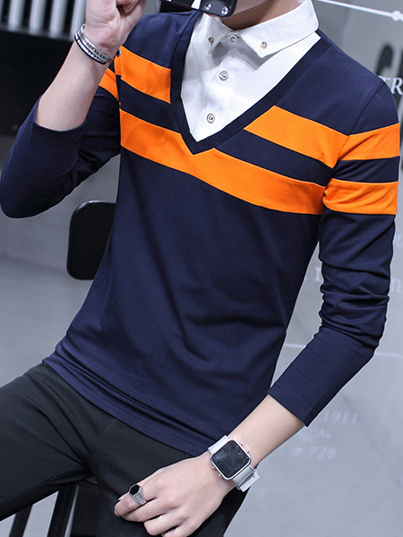 Blue and Orange Plus Size Slim Contrast Stripe Seem-Two Long Sleeve Men Shirt for Casual