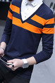 Blue and Orange Plus Size Slim Contrast Stripe Seem-Two Long Sleeve Men Shirt for Casual